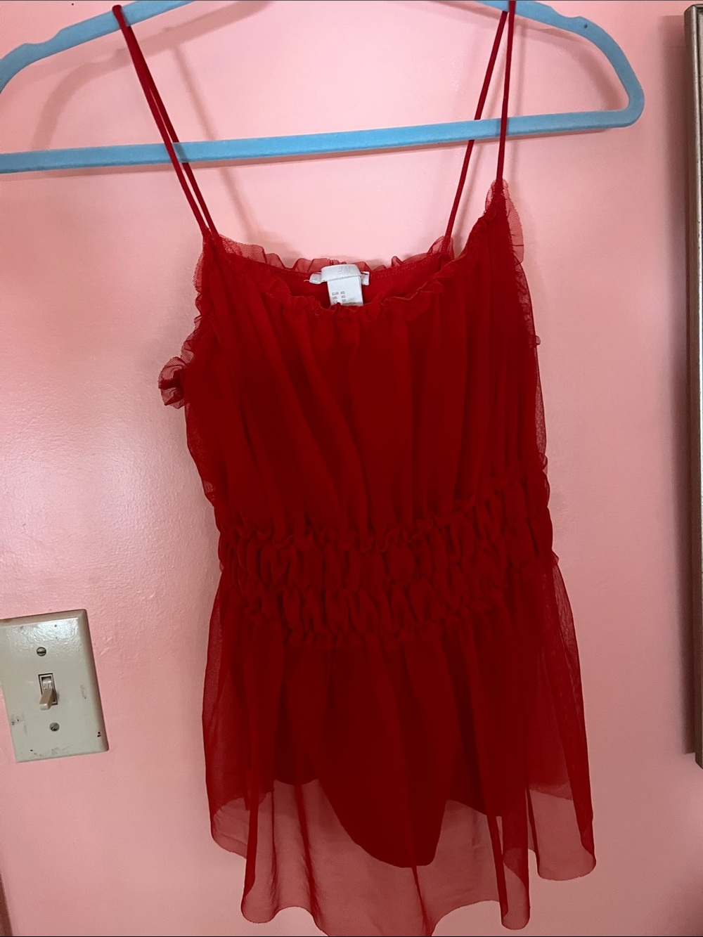 H&M Red Sheer Ruffle Spaghetti Strap Smocked Waist Camisole